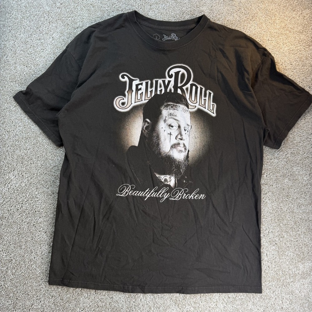 Jelly Roll Beautifully Broken Shirt Mens 2XL Black Graphic Tee T-Shirt Music